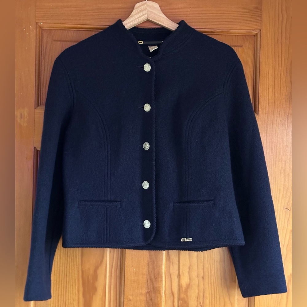 Vintage Litza Pure New Wool Navy Blue Button Down Blazer Jacket